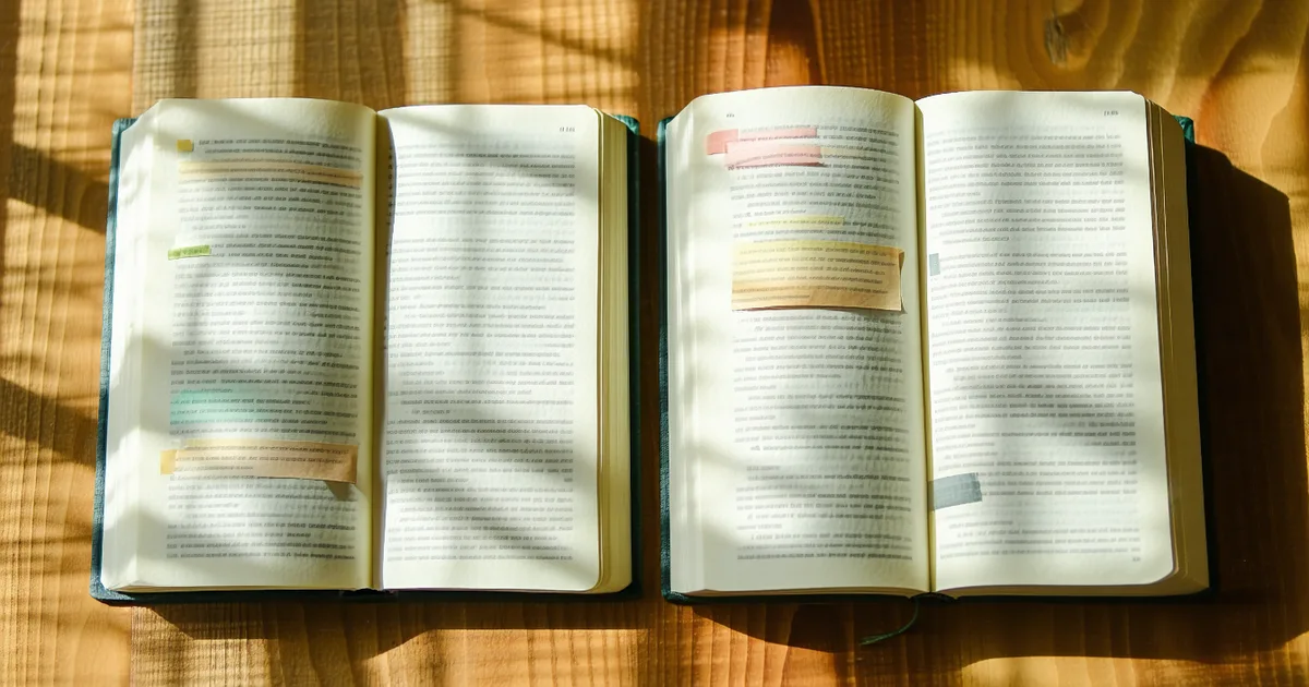 Two open textbooks side by side on a desk, one fully highlighted and one with targeted bookmarks