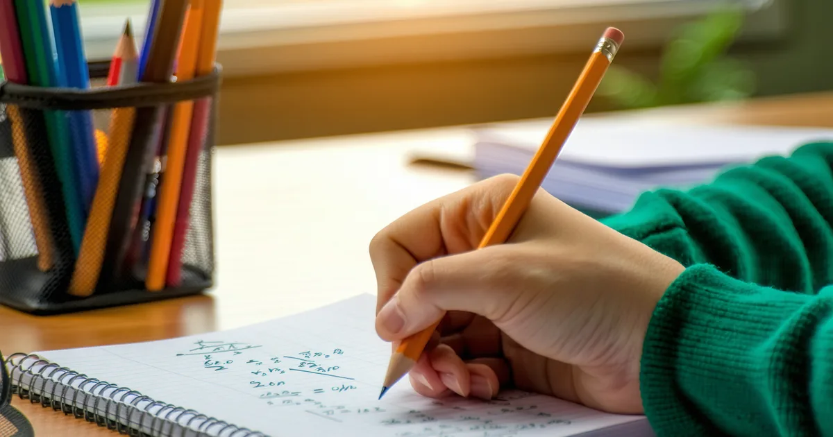 A student working focused on a single math problem with pencil and paper