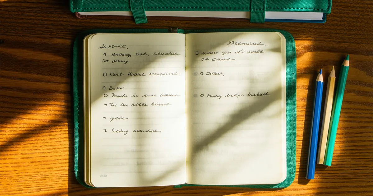 A student's open notebook with highlighted passages and repeated notes, desk study scene
